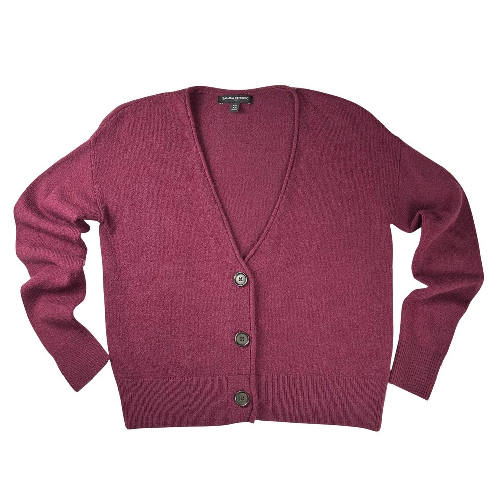 Banana Republic Womens Petite XS Berry Wine V-Neck Button Front Cardigan Sweater
